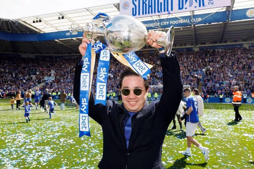 Leicester City chairman Aiyawatt 'Top' Srivaddhanaprabha celebrates with the Championship trophy