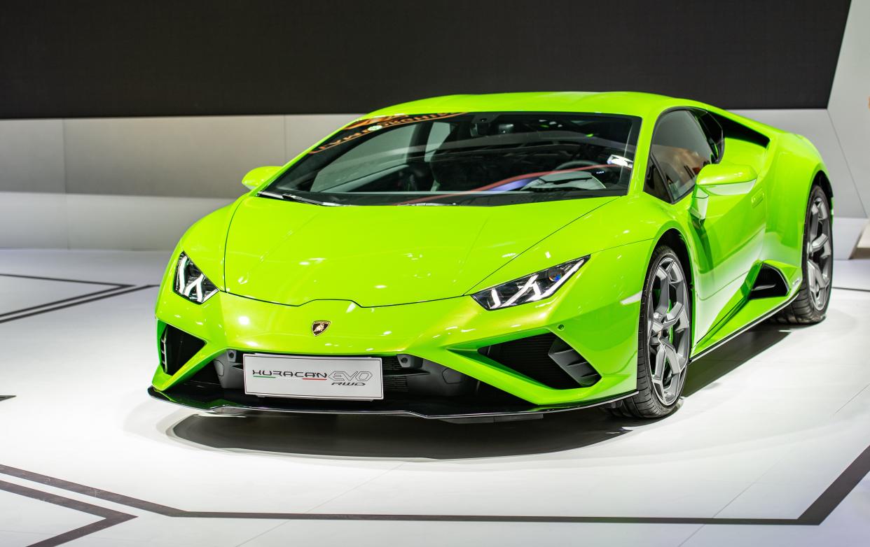 Authorities said Hines spent $318,000 of the PPP loan money on a 2020 Lamborghini Huracan. A Lamborghini Huracan Evo RWD sports car is seen at an automobile exhibition in China in 2020. (Photo: VCG via Getty Images)