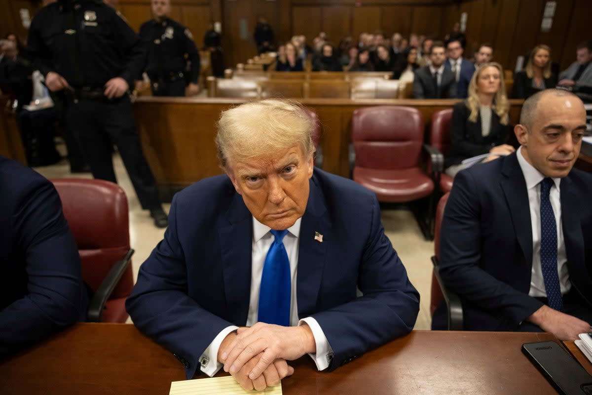 Donald Trump in court on 22 April 2024 before opening arguments got under way in his Manhattan criminal trial (AP)