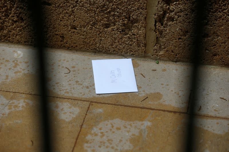 An envelope addressed to Carlos Ghosn is pictured at the entrance gate of what is believed to be Ghosn's house in Beirut