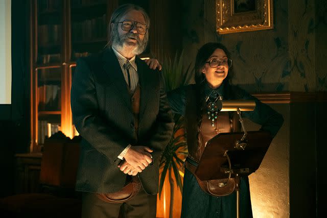 <p>Christos Kalohoridis/Netflix</p> Nick Offerman as Dr. Gene Thibedeau and Megan Mullally as Dr. Jean Thibedeau in 'The Umbrella Academy' season 4.