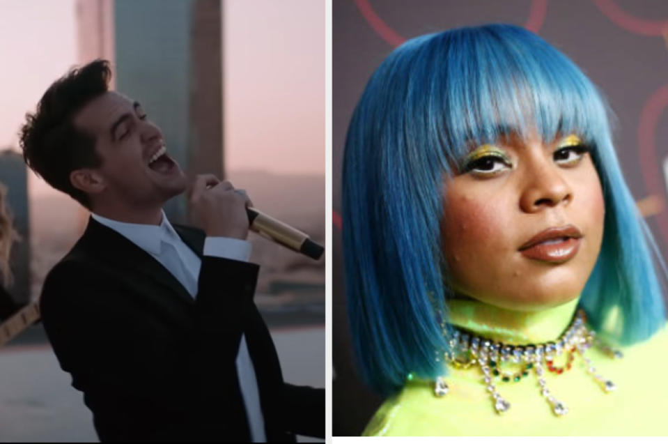 Left: Brendon Urie of Panic! At The Disco sings in the "High Hopes" music video, right: Tayla Parx poses at the Warner Music Group Pre-Grammy Party on January 23, 2020