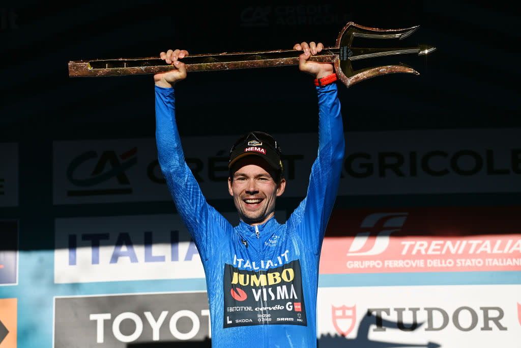  Primoz Roglic with the winner's trophy from the 2023 Tirreno-Adriatico 