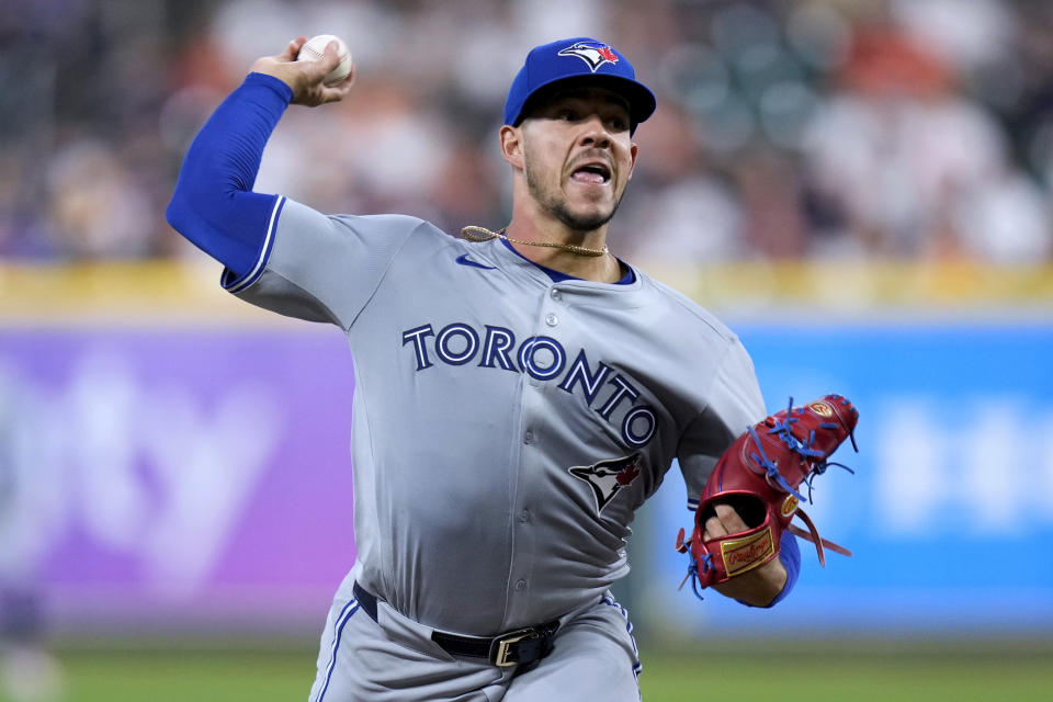 Toronto Blue Jays starting pitcher Jose Berrios delivers against the Houston Astros during the first inning of a baseball game Tuesday, April 2, 2024, in Houston. (AP Photo/Eric Christian Smith)