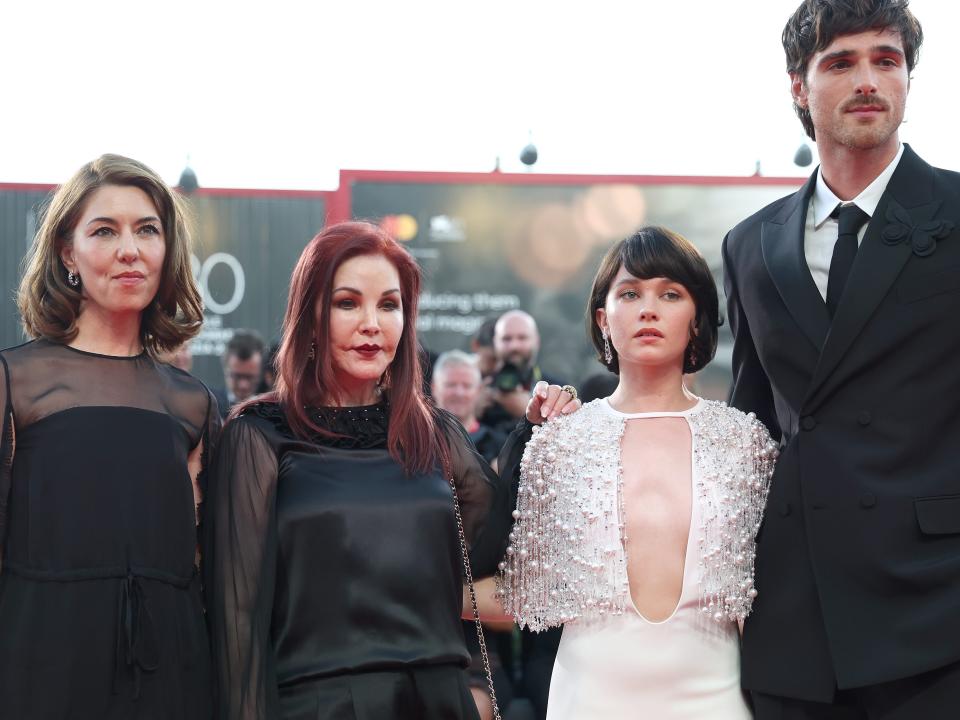 Sofia Coppola, Priscilla Presley, Cailee Spaeny and Jacob Elordi attend a red carpet for the movie "Priscilla" at the 80th Venice International Film Festival on September 04, 2023