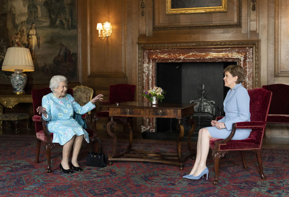 EDINBURGH, SCOTLAND - JUNE 29: Queen Elizabeth II receives First Minister of Scotland Nicola Sturgeon during an audience at the Palace of Holyroodhouse on June 29, 2021 in Edinburgh, Scotland.  The Queen is visiting Scotland for Royal Week between Monday 28th June and Thursday 1st July 2021. (Photo by Jane Barlow - WPA Pool/Getty Images)