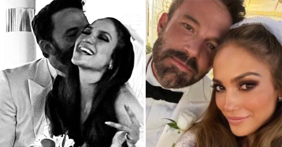 Two photos of Jennifer Lopez and Ben Affleck in Las Vegas after getting married