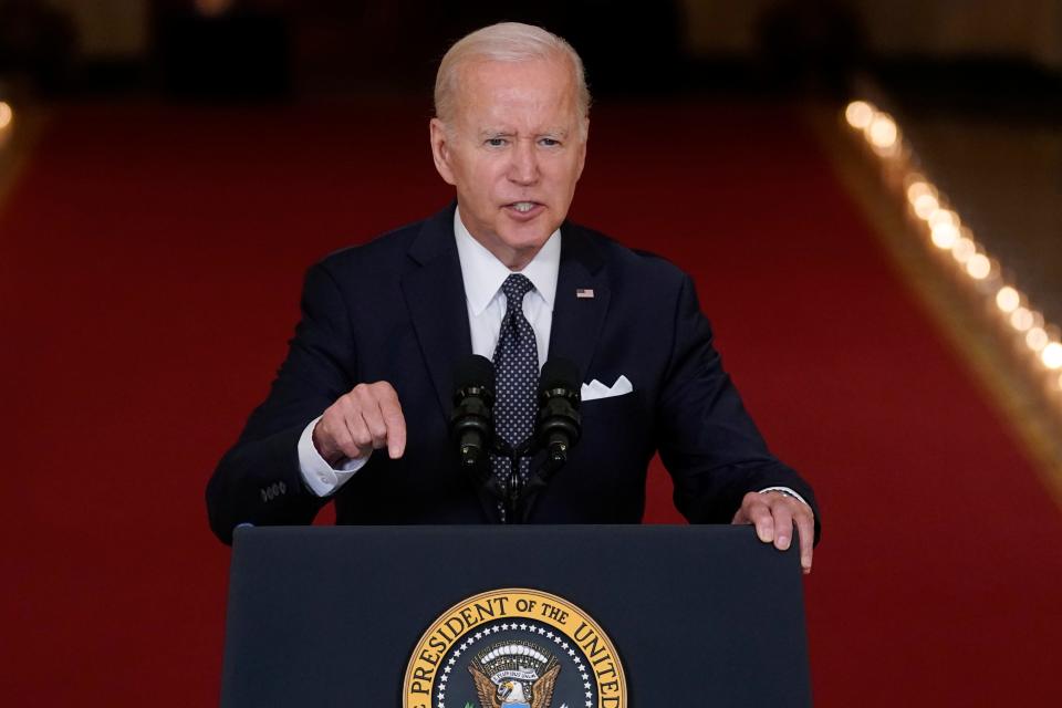 President Joe Biden speaks about the latest round of mass shootings, from the East Room of the White House in Washington, Thursday, June 2, 2022. Biden is attempting to increase pressure on Congress to pass stricter gun limits after such efforts failed following past outbreaks. (AP Photo/Evan Vucci)