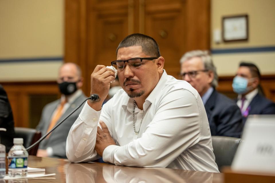 Miguel Cerrillo, father of Miah Cerrillo, a fourth-grade student at Robb Elementary School in Uvalde, Texas, testifies during the House Oversight and Reform Committee hearing with family members and survivors of the Buffalo, New York and Uvalde, Texas massacres on June 8, 2022 on Capitol Hill in Washington, DC.