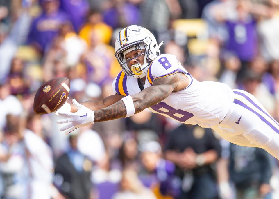 Malik Nabers set multiple LSU records in 2023, including career receiving yards and catches. (Credit: SCOTT CLAUSE/USA TODAY Network, SCOTT CLAUSE/USA TODAY Network / USA TODAY NETWORK)