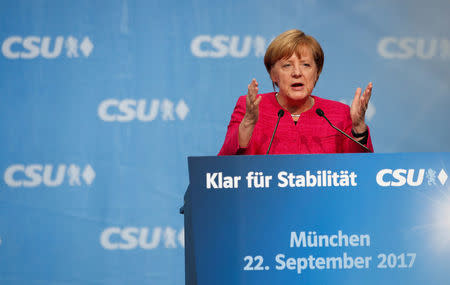 German Chancellor Angela Merkel, a top candidate of the Christian Democratic Union Party (CDU) for the upcoming general elections, speaks during the final election rally in Munich, Germany September 22, 2017. REUTERS/Michaela Rehle