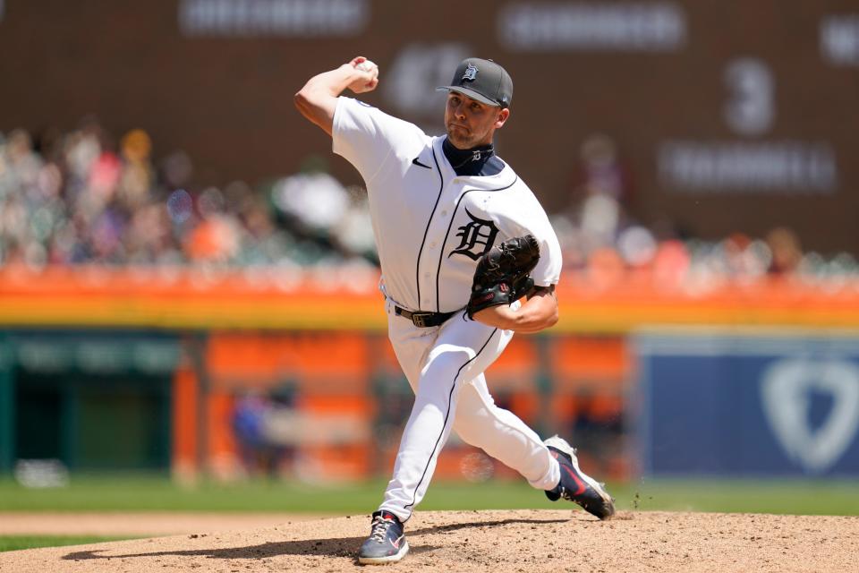 Detroit Tigers pitcher Alex Lange throws against the Texas Rangers in the fifth inning of a baseball game in Detroit, Sunday, June 19, 2022.