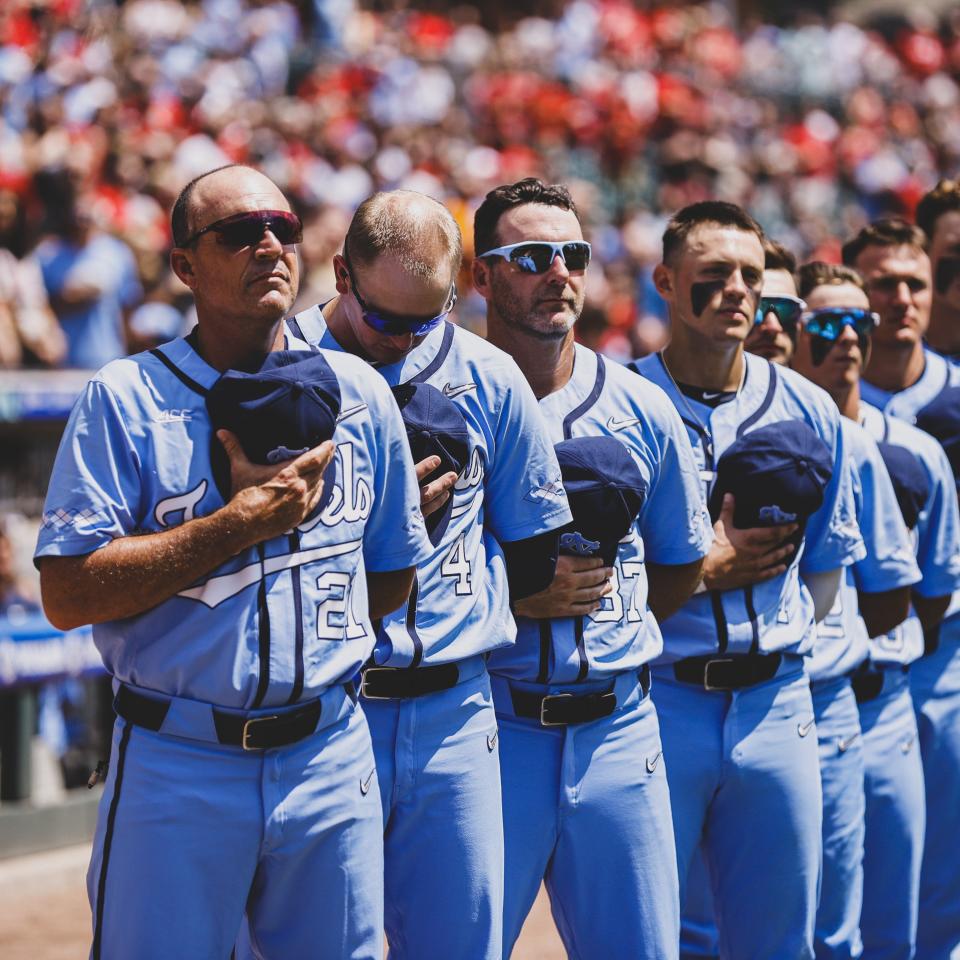 Coach Scott Forbes, left, and the North Carolina baseball team await the start of the ACC Tournament championship game. The Tar Heels open the NCAA Tournament against Hofstra on Friday in Chapel Hill.