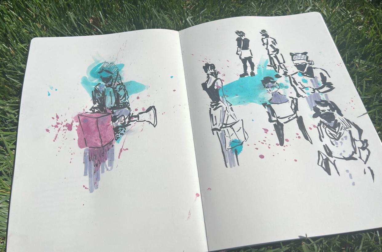 A look at Aaron Delehanty's sketchbook. The University of Rochester art professor said he felt compelled to capture the scene of a May 1 protest where the names of Palestinians who have been killed in the Israel-Hamas War were read over a speaker.