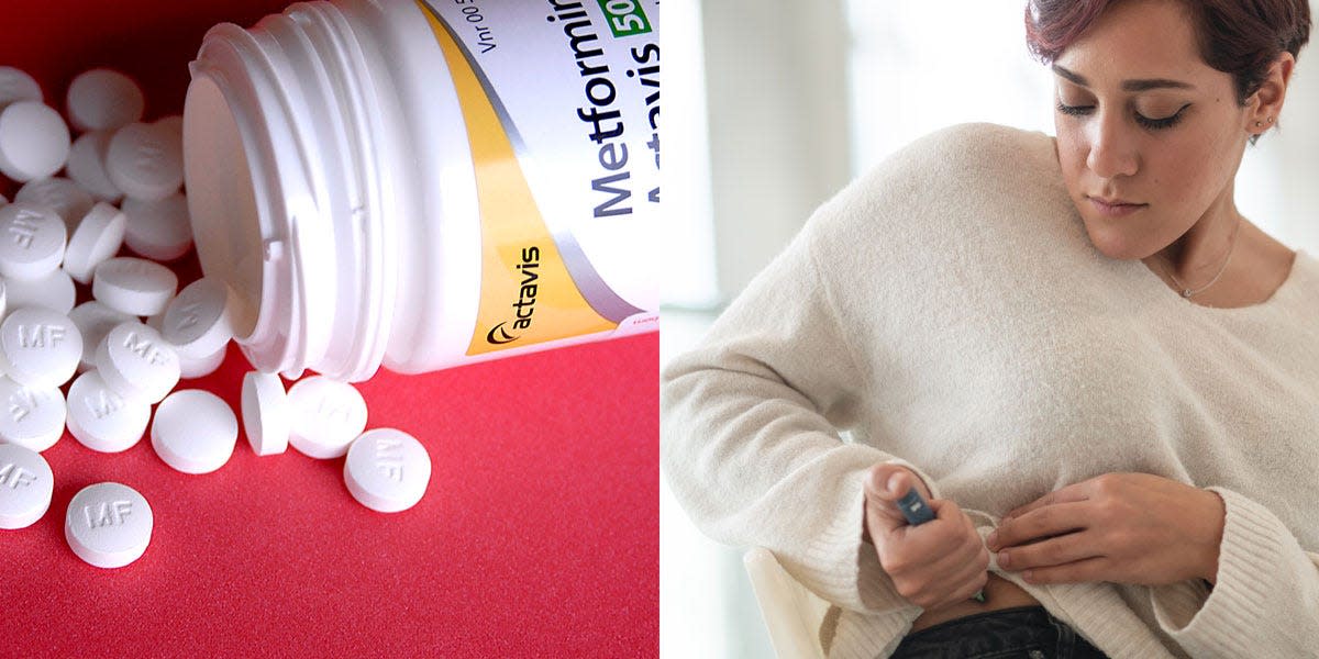 metformin pills spilling out of a bottle, woman injecting hormones into belly