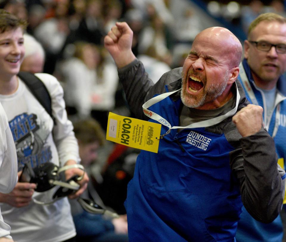 Dundee wrestling coach Tim Roberts reacts after Jonny White beat Hunter Seguin of Richmond 6-0 in the final match of the Division 3 Team Finals to win back-to-back championships on February 23, 2019. The final score 26-25.