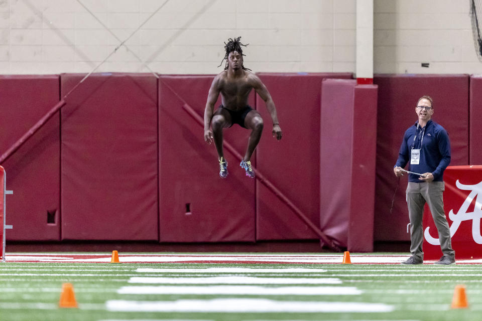 Former Alabama defensive back Kool-Aid McKinstry warms up before running the 40-yard dash at Alabama's NFL football pro day, Wednesday, March 20, 2024, in Tuscaloosa, Ala. (AP Photo/Vasha Hunt)