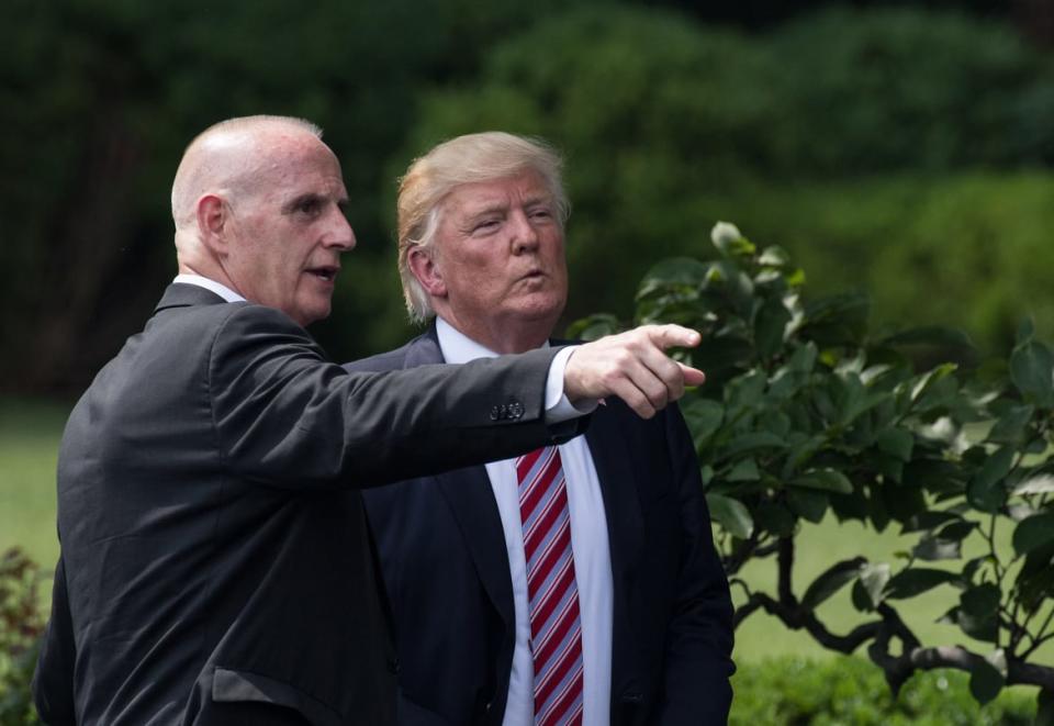 <div class="inline-image__caption"><p>Donald Trump listens to Keith Schiller at the White House in Washington, DC, on June 12, 2017. </p></div> <div class="inline-image__credit">NICHOLAS KAMM/Getty</div>