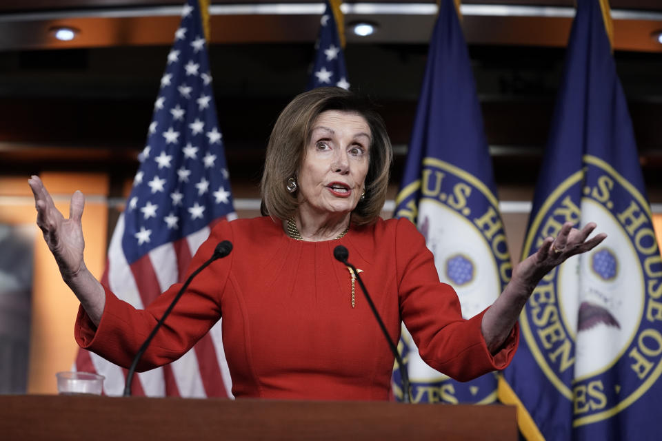 Speaker of the House Nancy Pelosi, D-Calif., meets with reporters on the morning after the House of Representatives voted to impeach President Donald Trump on charges of abuse of power and obstruction of Congress, at the Capitol in Washington, Wednesday, Dec. 18, 2019. Pelosi refused to say Wednesday when she'll send the impeachment articles against Trump to the Senate for the trial. (AP Photo/J. Scott Applewhite)