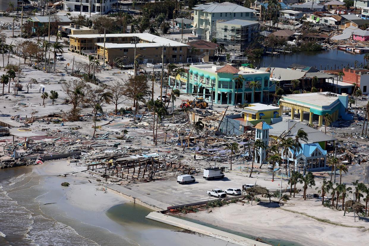 Aerial views of damaged buildings is seen as Hurricane Ian passed through the area on September 29, 2022, in Fort Myers Beach, Florida. The hurricane brought high winds, storm surges, and rain to the area causing severe damage. 