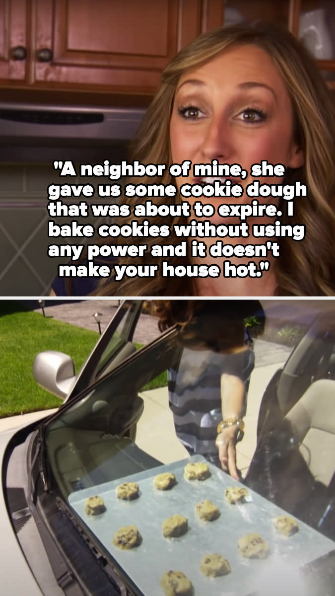 A woman putting raw cookies on the dashboard of her car to bake them