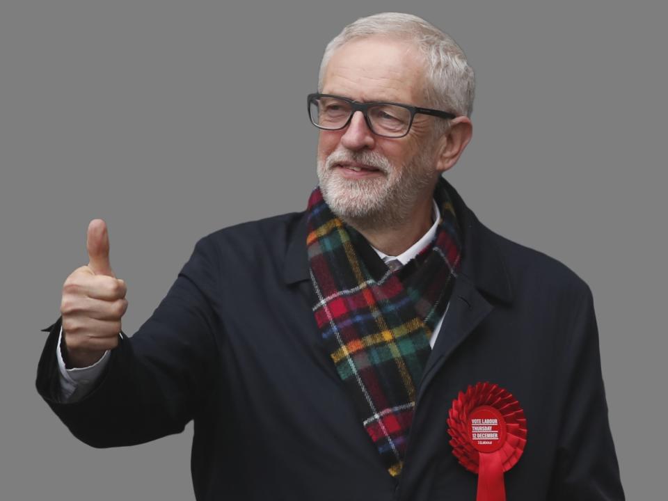 Jeremy Corbyn, as British opposition Labour Party leader, gestures after casting his vote in the general election, Islington, London, England, graphic element on gray