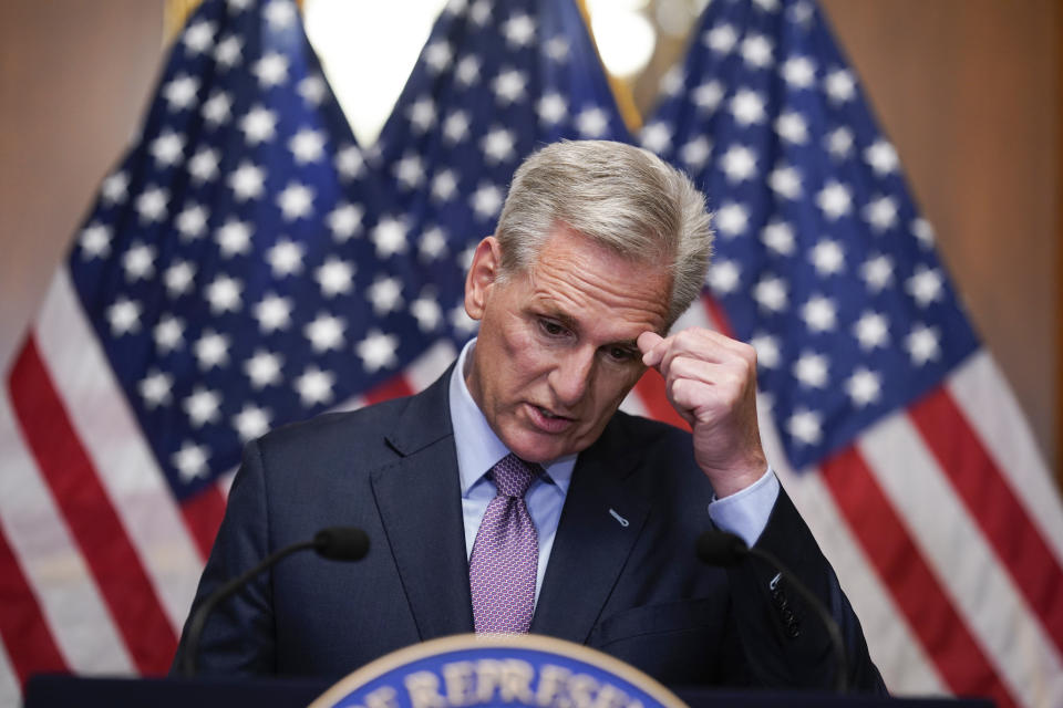 Rep. Kevin McCarthy speaks to reporters after he was ousted as speaker of the House on Tuesday. 