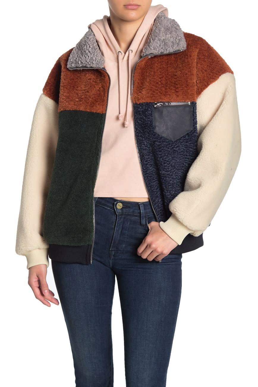 BLANKNYC Denim Colorblock Faux Shearling Faux Leather Trim Jacket