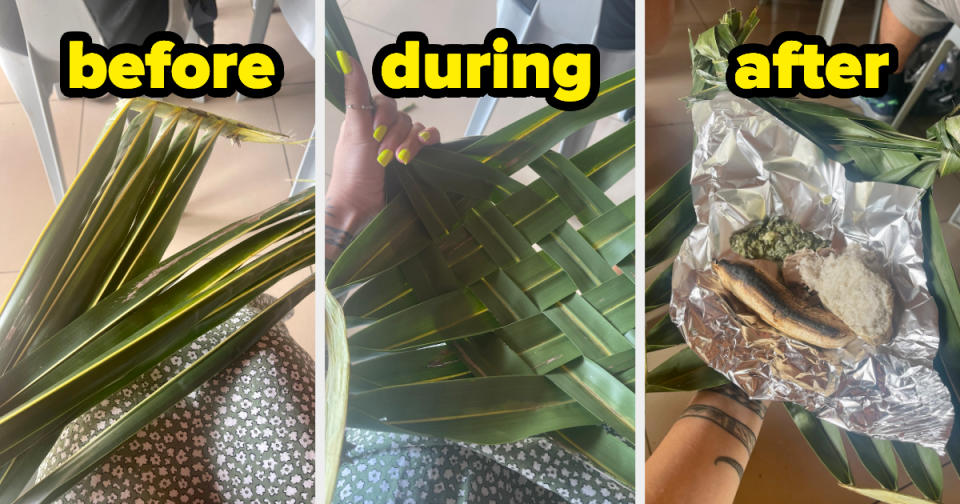 "Before," "during," and "after" images of weaving coconut tree leaves