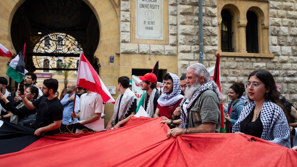 Students at the American University of Beirut and members of the public protest the war in Gaza outside the University gates in solidarity with students across the world, on April 30, in Beirut, Lebanon. - Oliver Marsden/Middle East Images/AFP/Getty Images