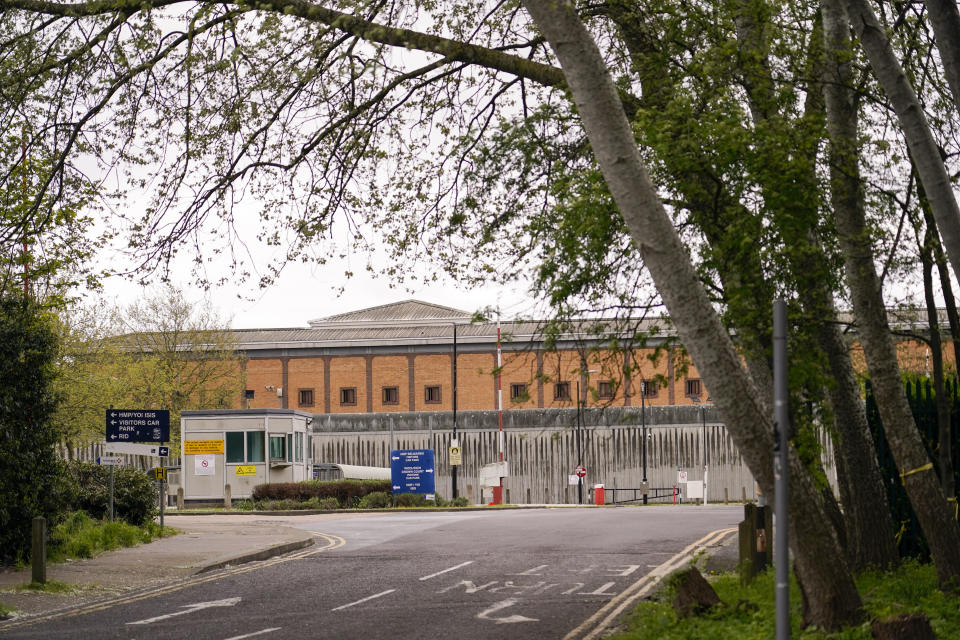 The entrance of Belmarsh prison, where Wikileaks founder Julian Assange is detained, is photographed in London, Thursday, April 11, 2024, as today marks five years since his arrest from the Ecuadorian embassy. (AP Photo/Alberto Pezzali)