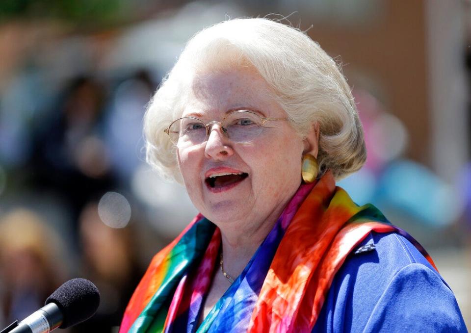 Attorney Sarah Weddington speaks during a women's rights rally on June 4, 2013, in Albany, N.Y. Weddington, who at 26 successfully argued the landmark abortion rights case Roe v. Wade before the U.S. Supreme Court, died Sunday, Dec. 26, 2021. She was 76.