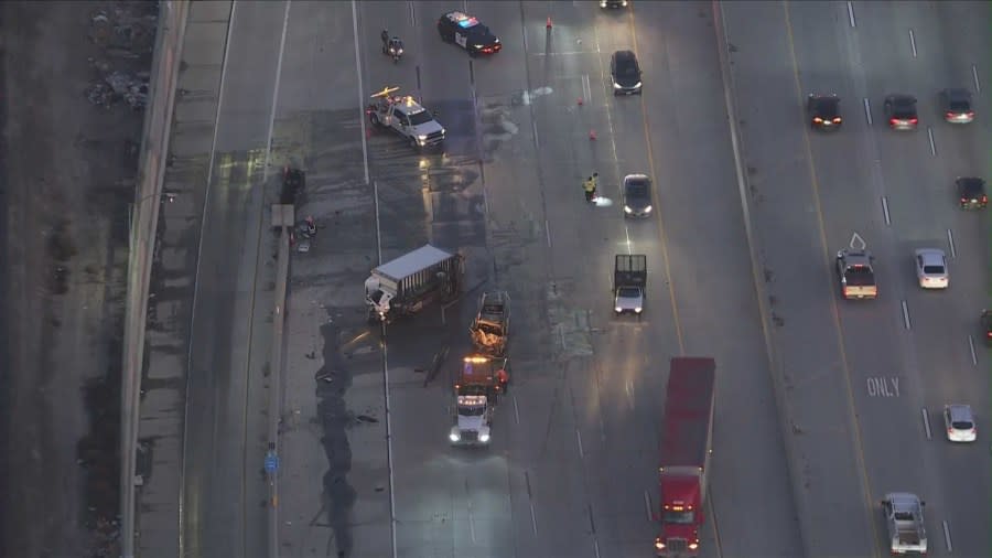 Fiery crash snarls traffic on 5 Freeway near Los Angeles-Orange County line 