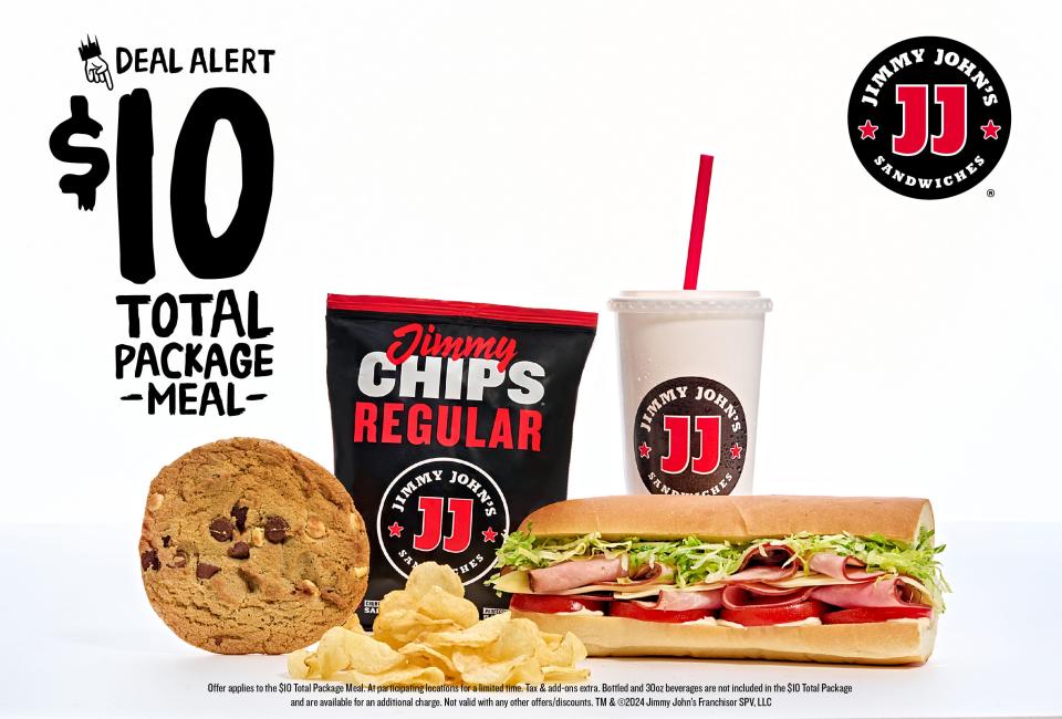 Jimmy John's has a new $10 Total Package Meal coming to its menu Monday, Aug. 5. The combo includes an 8-inch sandwich, bag of Jimmy Chips, choice of dessert from cookies and brownies, and a regular-sized drink.