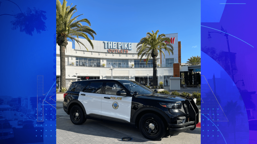 Police patrol The Pike Outlets shopping center in Long Beach, California. (Long Beach Police Department)