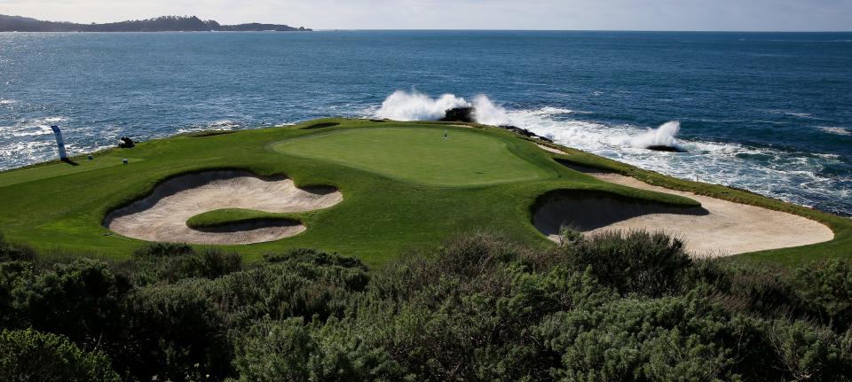 PEBBLE BEACH, CALIFORNIA - FEBRUARY 06: A general view of the seventh green during a practice round prior to the AT&T Pebble Beach Pro-Am at Pebble Beach Golf Links on February 06, 2019 in Pebble Beach, California. (Photo by Chris Trotman/Getty Images)