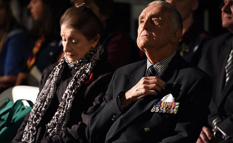 An ex-serviceman watches on during the Anzac Day dawn service in Sydney. Source: AAP.