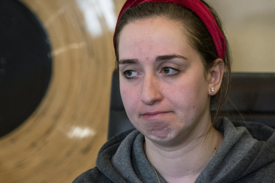 Nadjet Tchenar, the wife of Mohammed Zakaria Salah Rakchi, one of the victims of the U-Haul rampage, pauses during a news conference, Tuesday, Feb. 14, 2023, in New York. (AP Photo/Eduardo Munoz Alvarez)