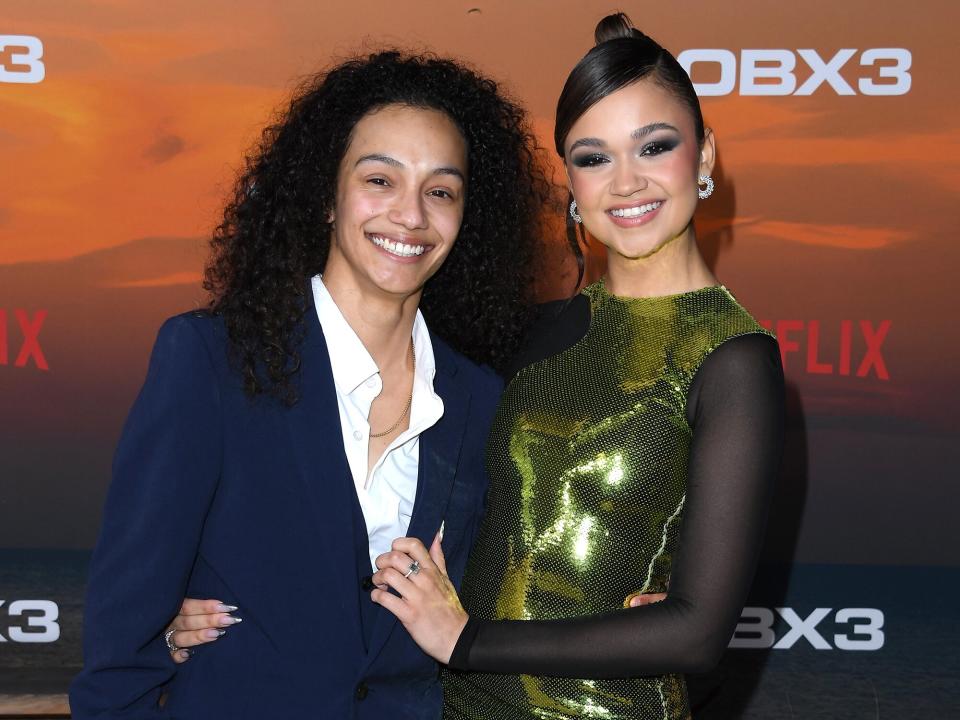 Mariah Linney and Madison Bailey arrives at the Los Angeles Premiere Of Netflix's "Outer Banks" Season 3 at Regency Village Theatre on February 16, 2023 in Los Angeles, California