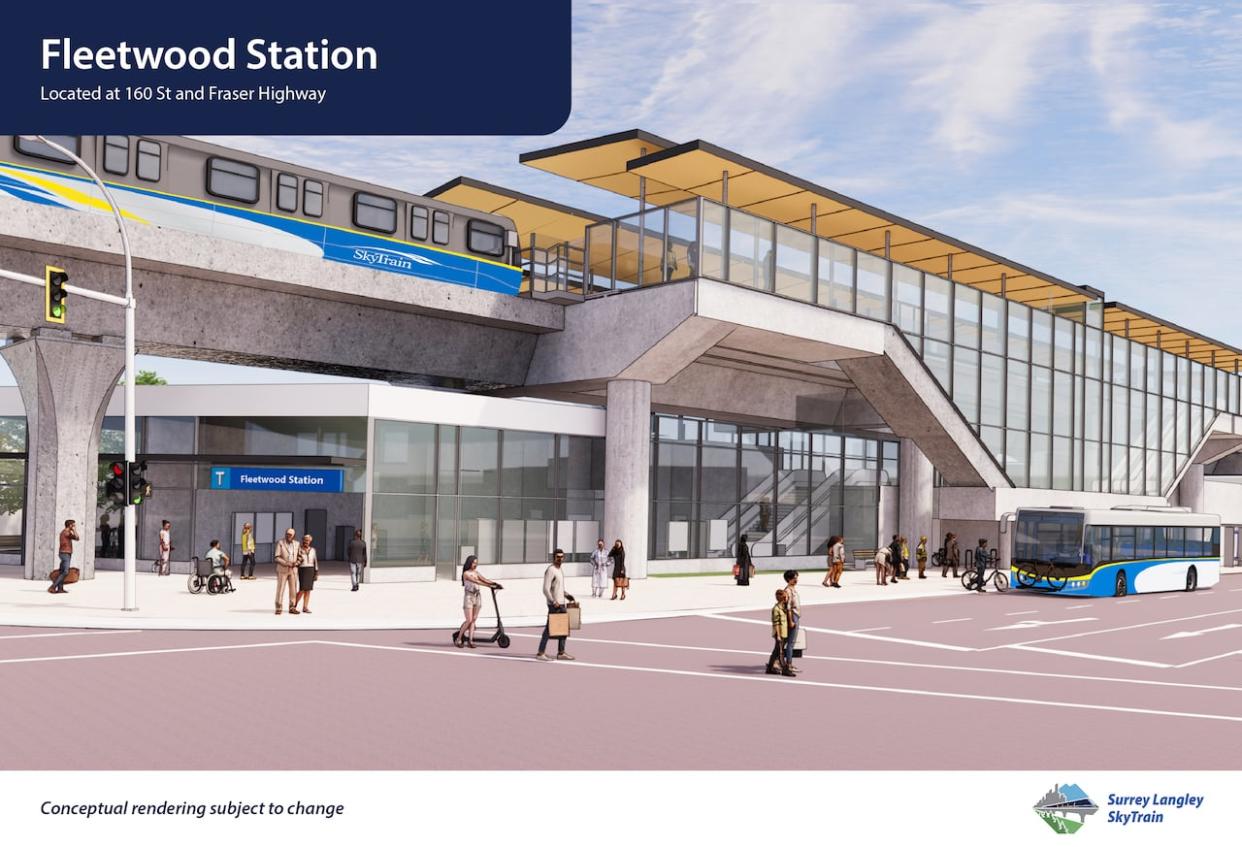 A rendering of the Fleetwood SkyTrain station that will be located at 160 Street and Fraser Highway in Surrey, B.C. (B.C. Ministry of Transportation - image credit)