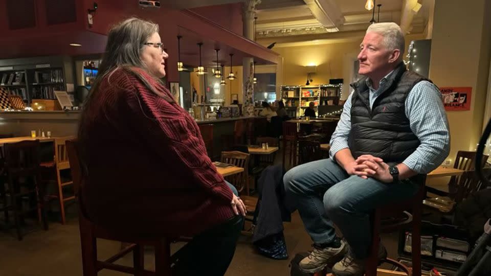 John King talks to New Hampshire voter Debbie Katsanos in Portsmouth, New Hampshire, in January. - CNN