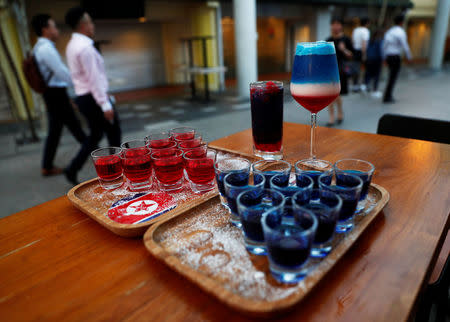 Cocktails "Kim" and "Trump", special drinks offered at Escobar bar to mark the summit meeting between U.S. President Donald Trump and North Korean leader Kim Jong Un, are displayed on a table in Singapore June 4, 2018. REUTERS/Edgar Su