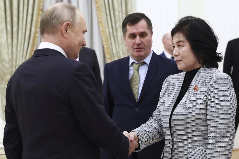 Russian President Vladimir Putin,left, greets North Korean Foreign Minister Choe Son Hui during their meeting at the Kremlin in Moscow, Russia, Tuesday, Jan. 16, 2024. (Artyom Geodakyan, Sputnik, Kremlin Pool Photo via AP)