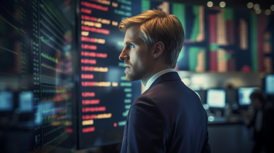 A financial professional examining price changes on a stock broker's trading floor.