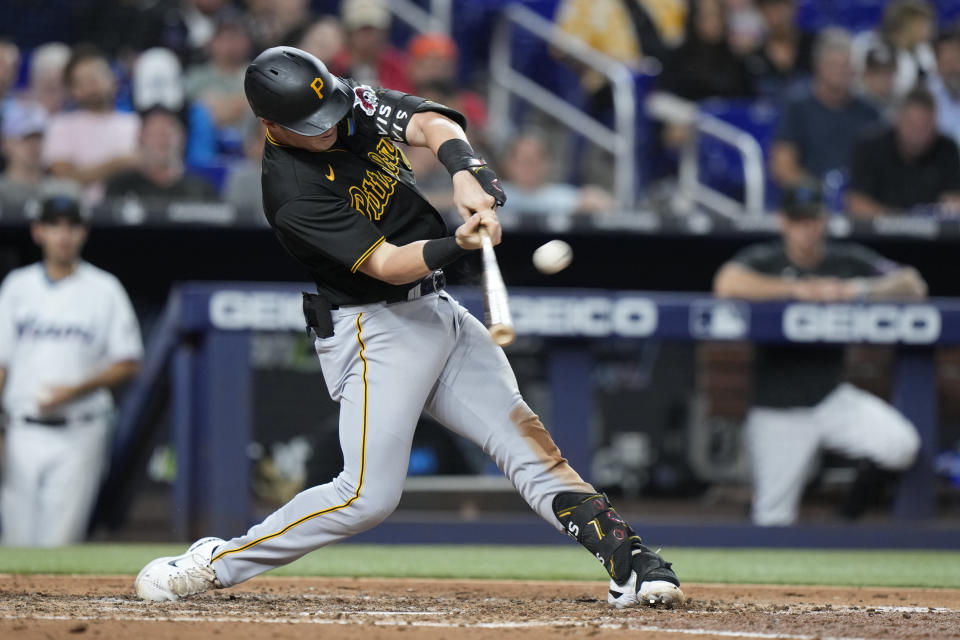 Pittsburgh Pirates' Henry Davis hits a home run during the eighth inning of a baseball game against the Miami Marlins, Thursday, June 22, 2023, in Miami. (AP Photo/Wilfredo Lee)