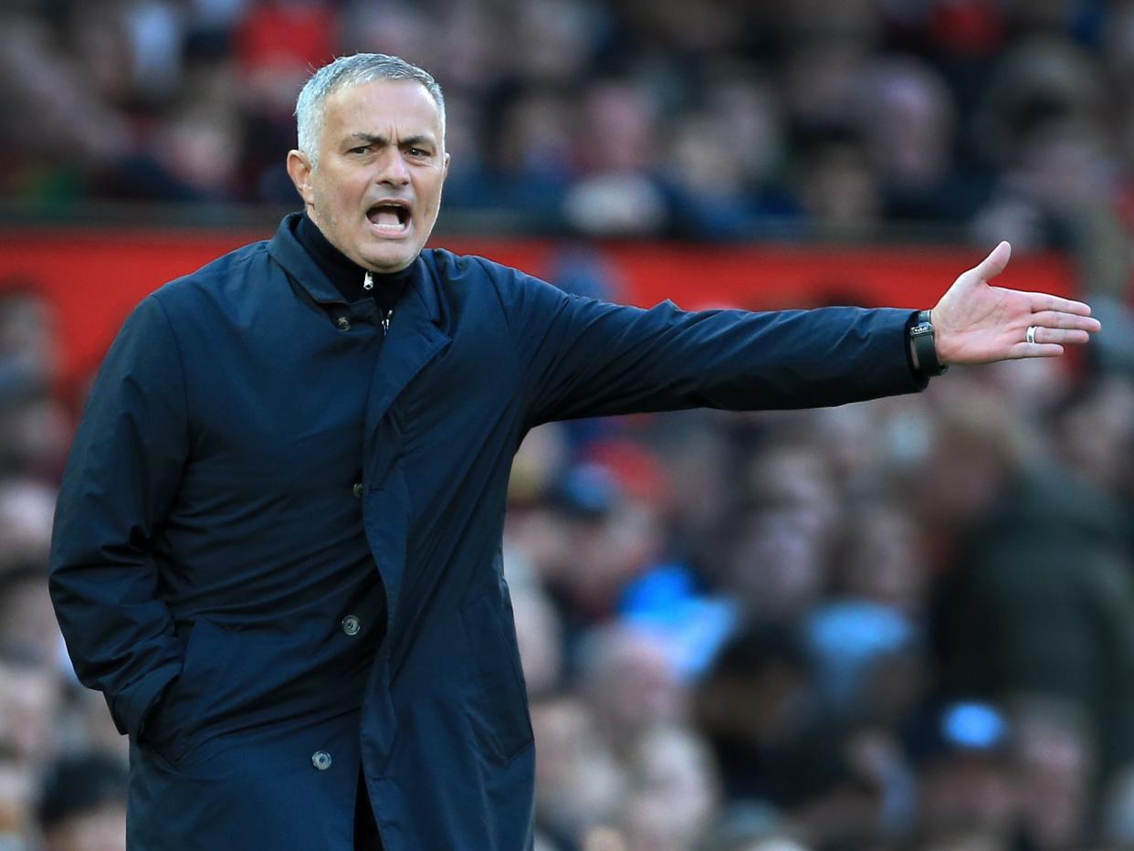 Man Utd manager Jose Mourinho gestures during the Premier League match between Manchester United and Newcastle United at Old Trafford on October 6, 2018 in Manchester, England. (Photo by Simon Stacpoole/Offside/Getty Images)