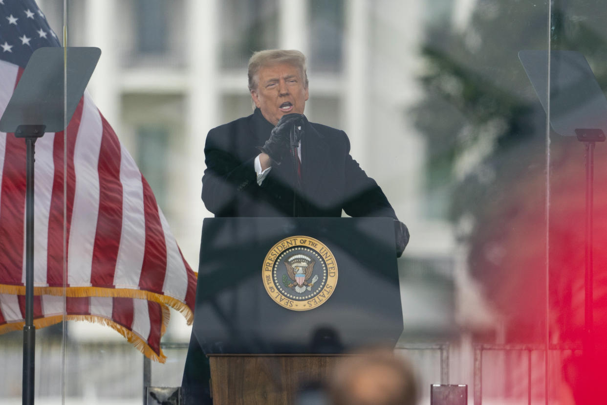 In this Jan. 6, 2021, photo, President Donald Trump speaks during a rally protesting the electoral college certification of Joe Biden as President in Washington. (AP Photo/Evan Vucci)