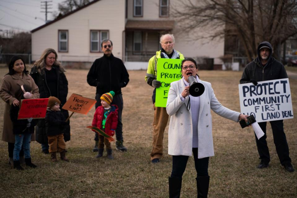 Democratic U.S. Rep. Rashida Tlaib speaks alongside residents urging Detroit City Council members to vote against a land deal with Detroit International Bridge Company and require community protections in southwest Detroit, on Monday, Feb. 20, 2023.