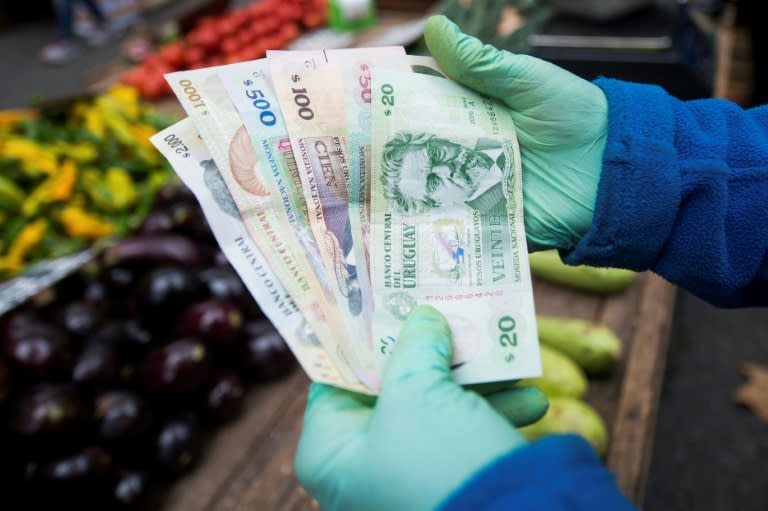 Un vendedor de frutas y verduras muestra billetes uruguayos en una feria callejera en Montevideo, el 23 de abril de 2024 (Pablo VERA)