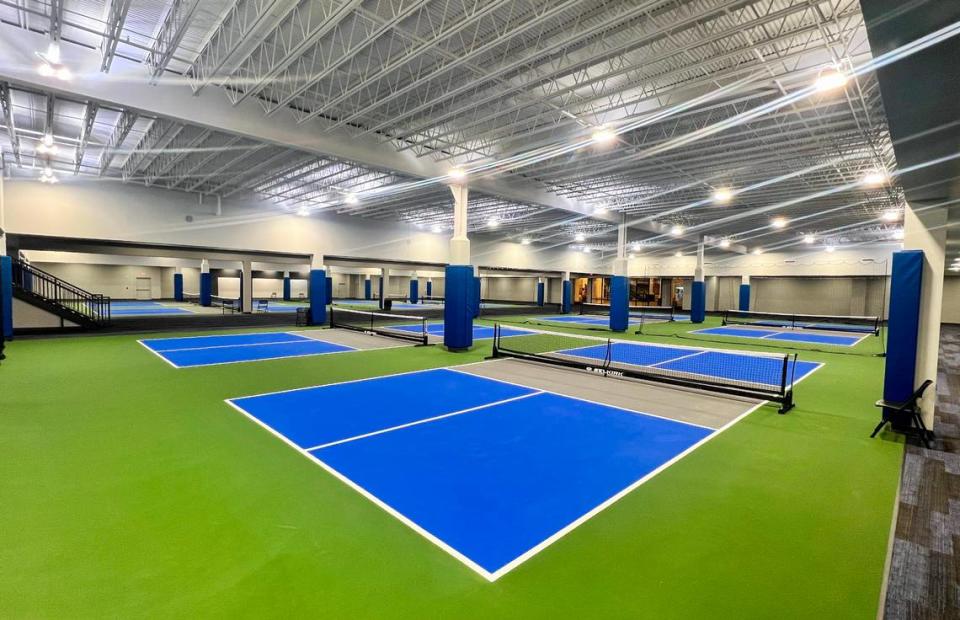 The new two-story indoor pickleball facility in Macon features 32 courts along with lockers, showers, and a pro shop. Jason Vorhees/The Telegraph